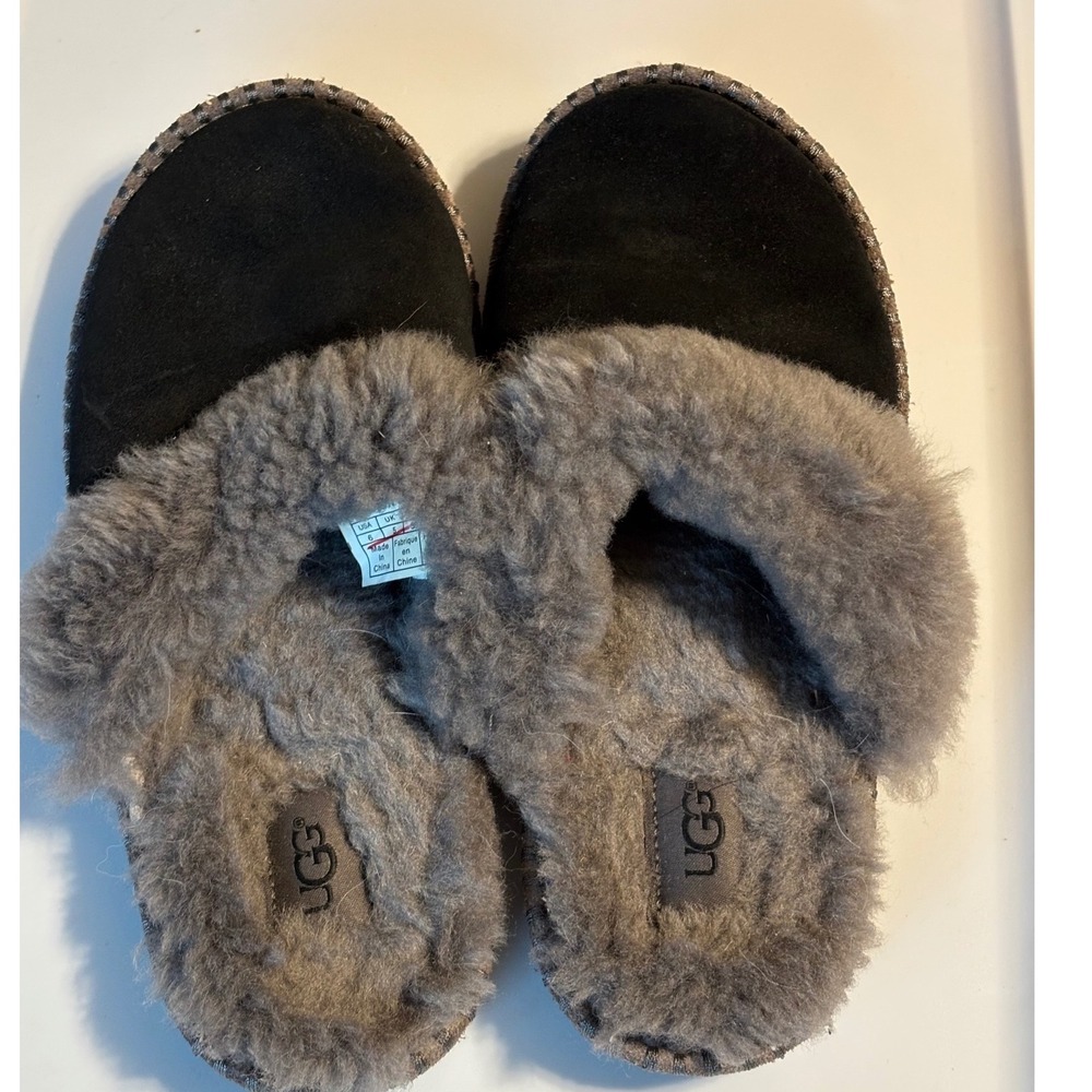 UGG Abela Black Grey Sheepskin Suede Slide Slippers 1013001 Womens 6
